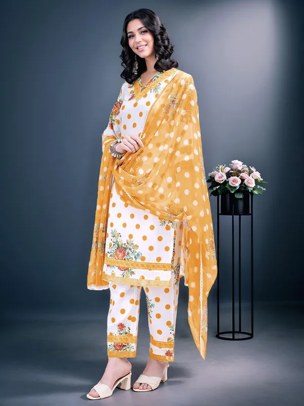 Women_White_&_Yellow_Floral_Polka_Print_Kurta_Set_with_Lace_Detail_&_Embroidery_Neckline