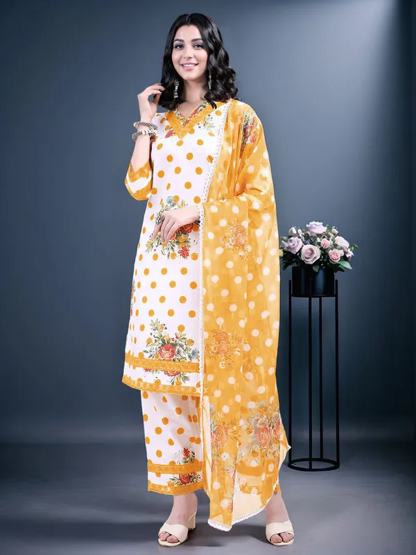 Women_White_&_Yellow_Floral_Polka_Print_Kurta_Set_with_Lace_Detail_&_Embroidery_Neckline
