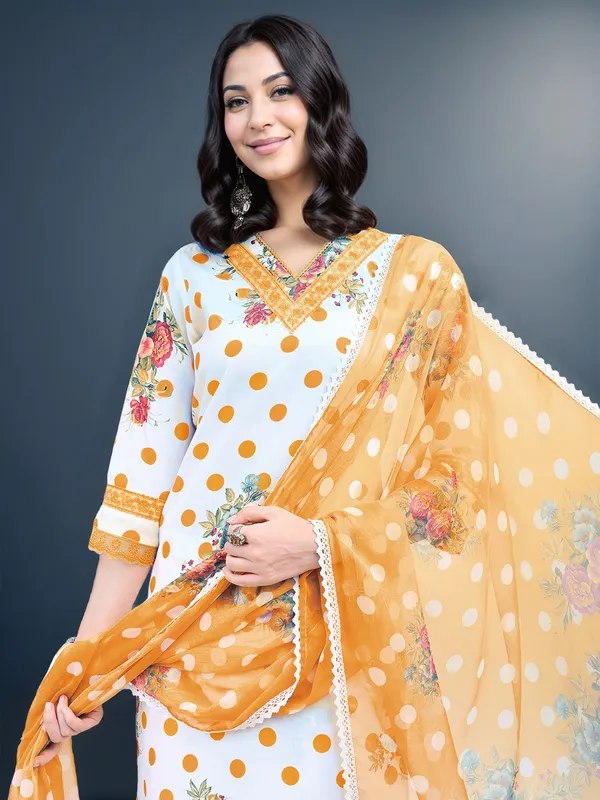 Women_White_&_Yellow_Floral_Polka_Print_Kurta_Set_with_Lace_Detail_&_Embroidery_Neckline