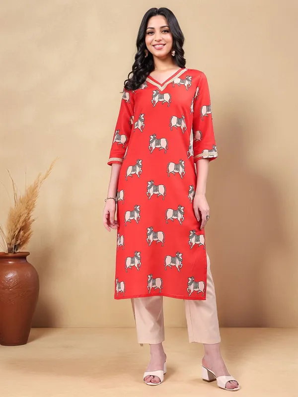 Red_Pichwai_Printed_Cotton_Blend_Straight_Kurta_For_Women