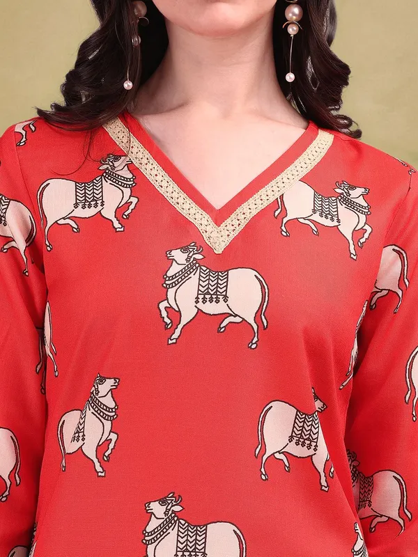 Red_Pichwai_Printed_Cotton_Blend_Straight_Kurta_For_Women
