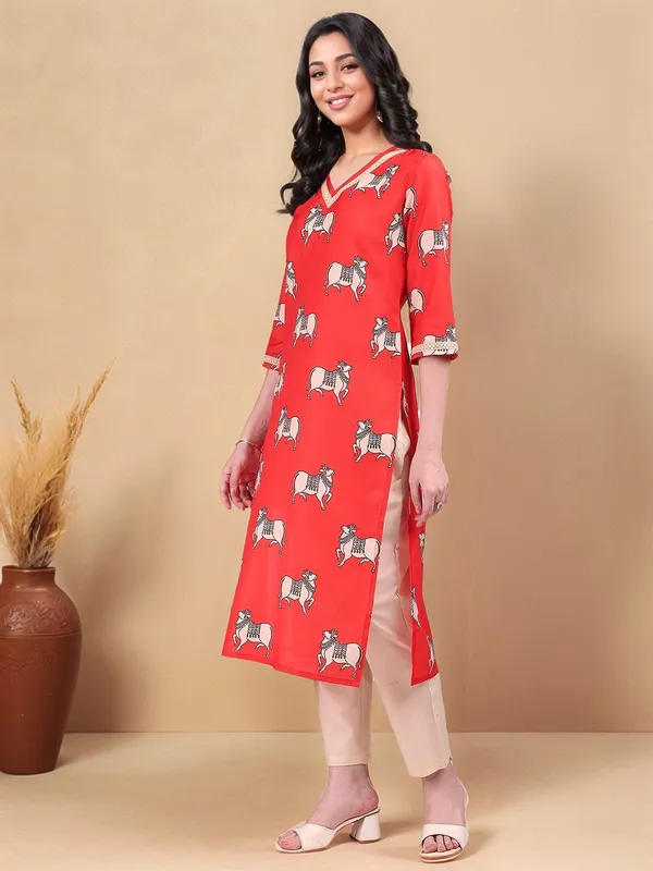 Red_Pichwai_Printed_Cotton_Blend_Straight_Kurta_For_Women