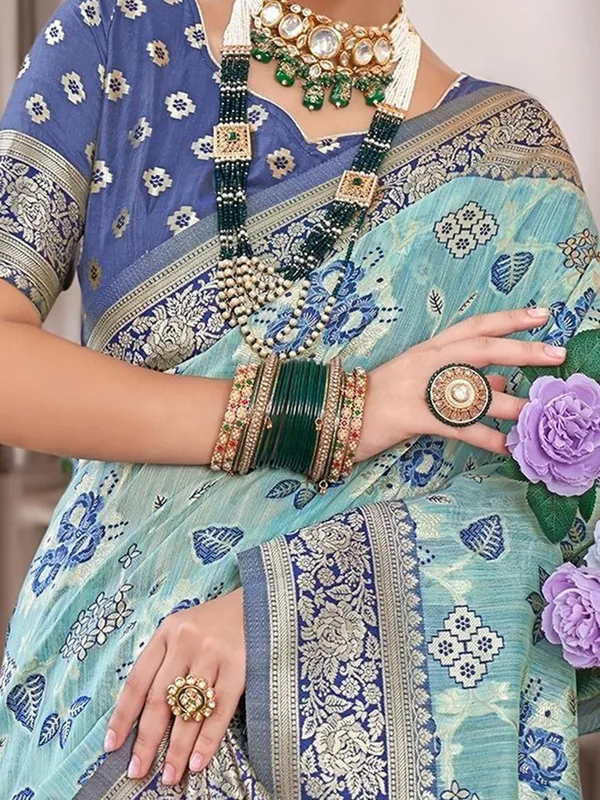 Blue_Woven_Chanderi_Linen_Blend_Saree_For_Women