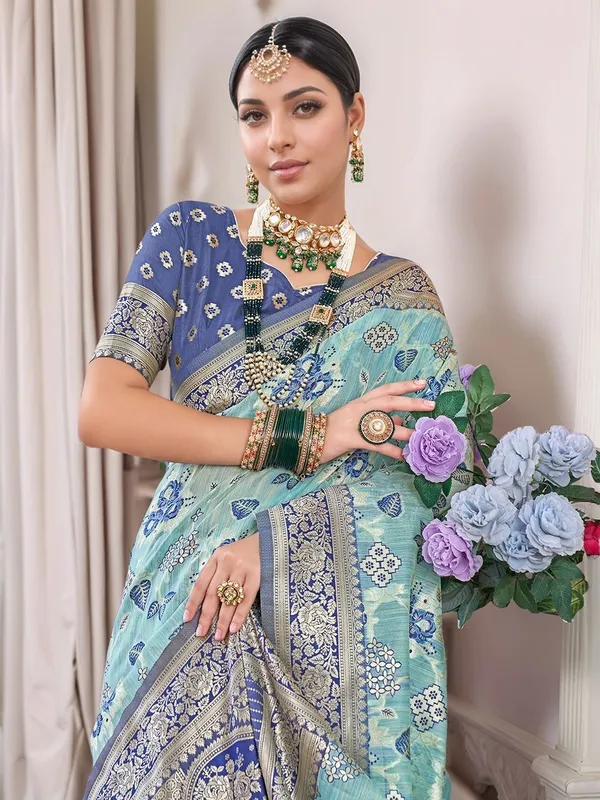 Blue_Woven_Chanderi_Linen_Blend_Saree_For_Women
