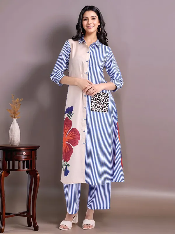 Blue_Striped_And_Floral_Printed_Cotton_Blend_A-Line_Kurta_With_Printed_Cotton_Blend_Trouser_For_Women