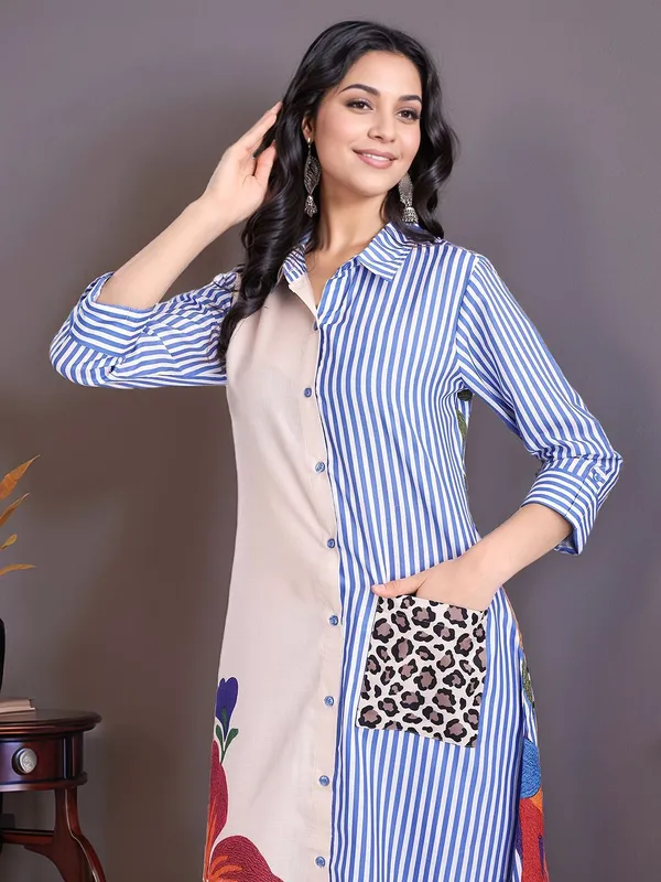 Blue_Striped_And_Floral_Printed_Cotton_Blend_A-Line_Kurta_With_Printed_Cotton_Blend_Trouser_For_Women
