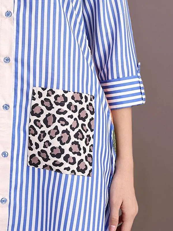 Blue_Striped_And_Floral_Printed_Cotton_Blend_A-Line_Kurta_With_Printed_Cotton_Blend_Trouser_For_Women