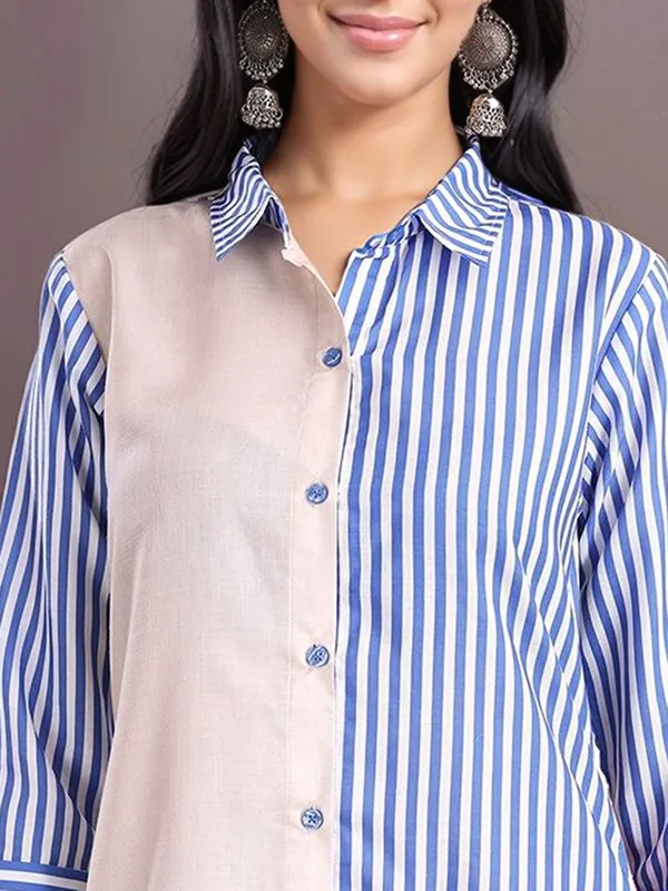 Blue_Striped_And_Floral_Printed_Cotton_Blend_A-Line_Kurta_With_Printed_Cotton_Blend_Trouser_For_Women
