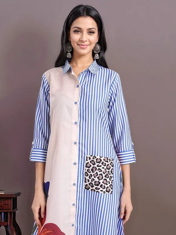 Blue_Striped_And_Floral_Printed_Cotton_Blend_A-Line_Kurta_With_Printed_Cotton_Blend_Trouser_For_Women