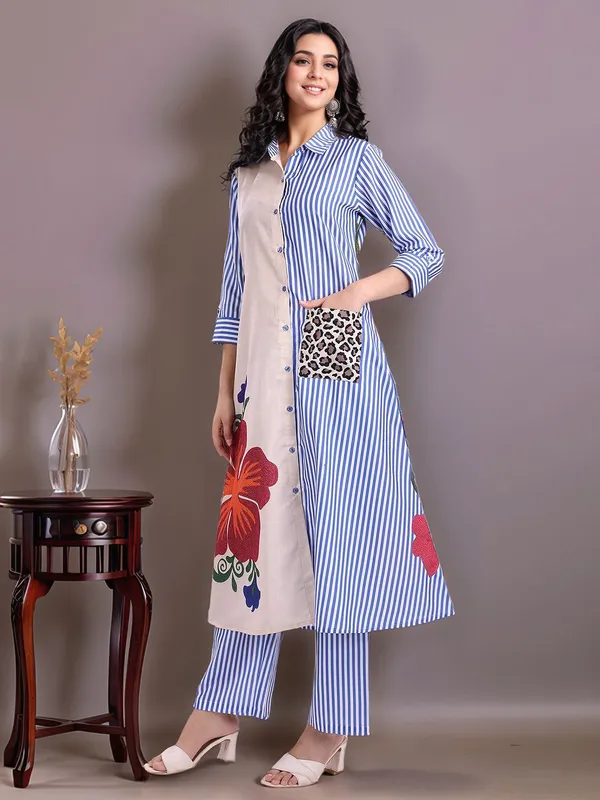 Blue_Striped_And_Floral_Printed_Cotton_Blend_A-Line_Kurta_With_Printed_Cotton_Blend_Trouser_For_Women