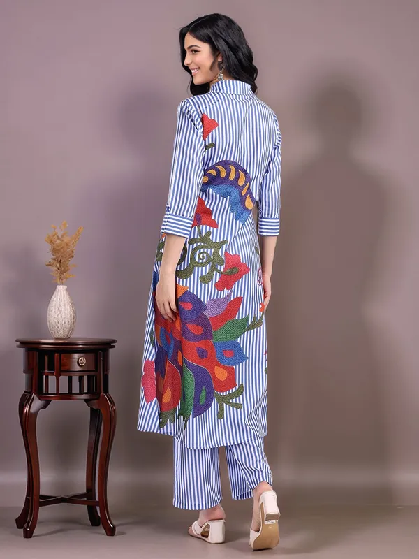 Blue_Striped_And_Floral_Printed_Cotton_Blend_A-Line_Kurta_With_Printed_Cotton_Blend_Trouser_For_Women