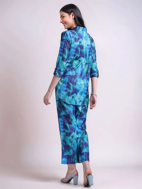 Turquoise_Blue_Tie_&_Dye_Printed_Cotton_Blend_Shirt_With_Printed_Cotton_Blend_Trouser_For_Women