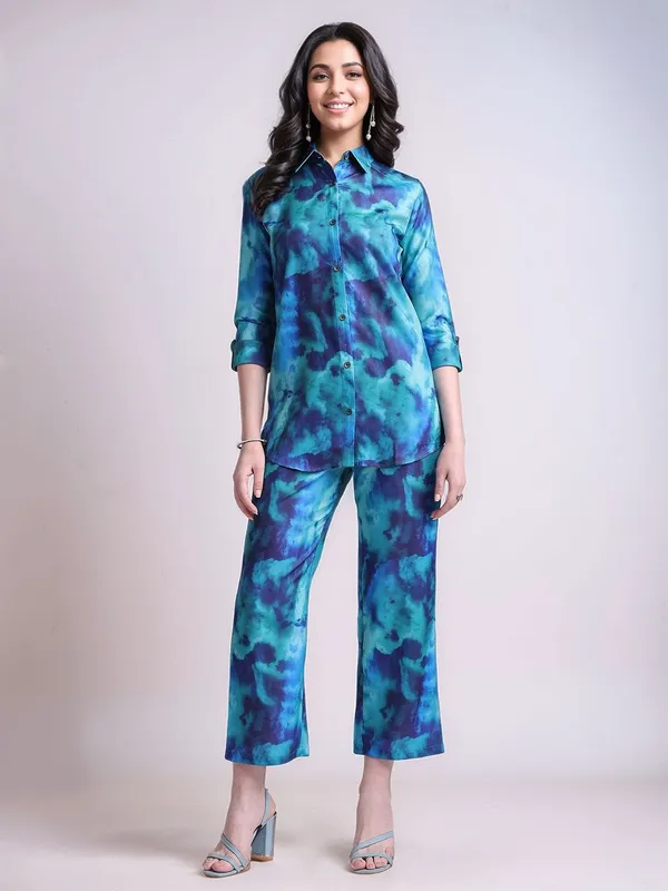 Turquoise_Blue_Tie_&_Dye_Printed_Cotton_Blend_Shirt_With_Printed_Cotton_Blend_Trouser_For_Women