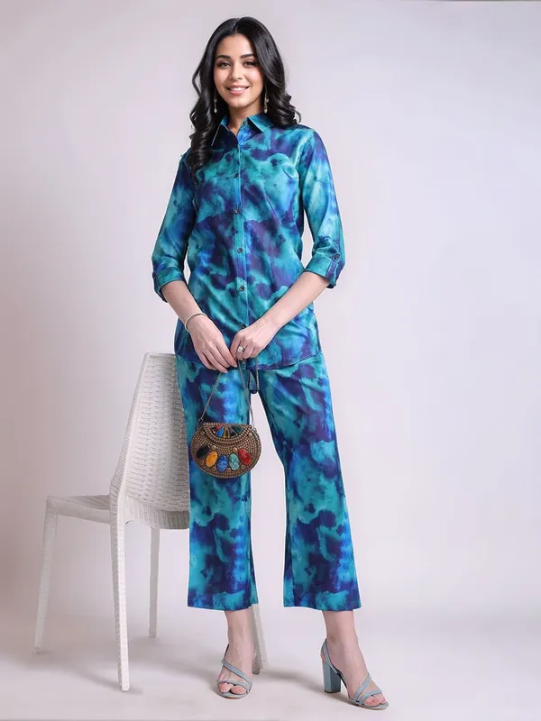 Turquoise_Blue_Tie_&_Dye_Printed_Cotton_Blend_Shirt_With_Printed_Cotton_Blend_Trouser_For_Women