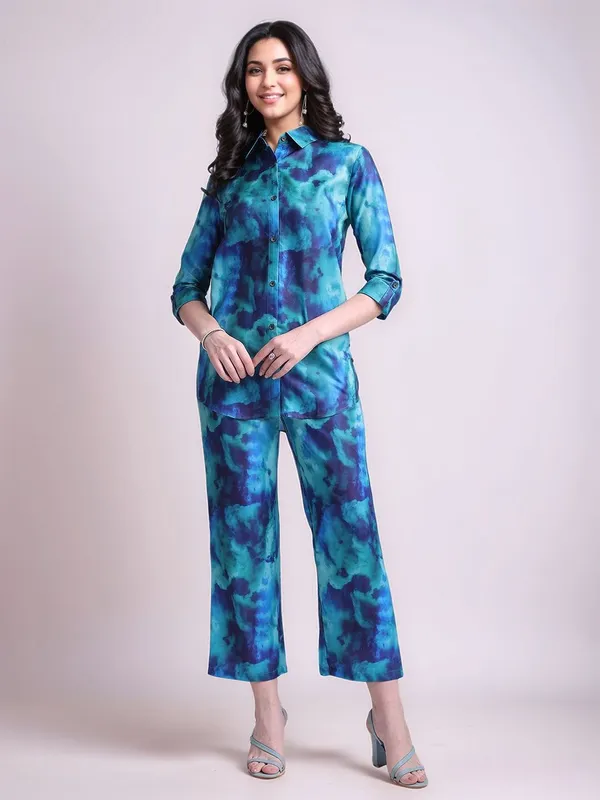 Turquoise_Blue_Tie_&_Dye_Printed_Cotton_Blend_Shirt_With_Printed_Cotton_Blend_Trouser_For_Women
