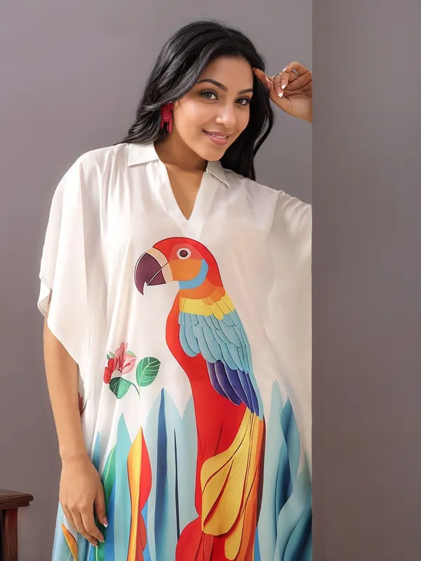 White_Animal_Printed_Cotton_Blend_Kaftan_Kurta_With_Solid_Cotton_Blend_Trouser_For_Women
