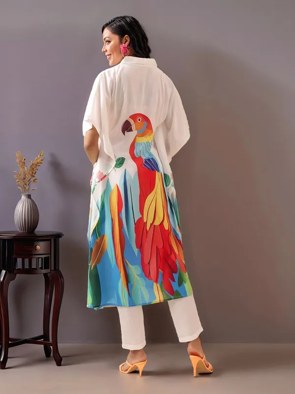 White_Animal_Printed_Cotton_Blend_Kaftan_Kurta_With_Solid_Cotton_Blend_Trouser_For_Women