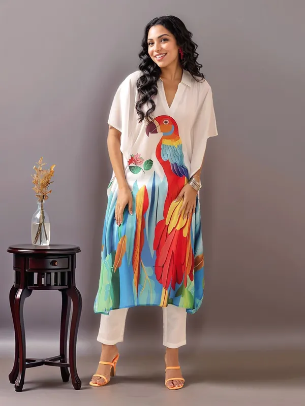 White_Animal_Printed_Cotton_Blend_Kaftan_Kurta_With_Solid_Cotton_Blend_Trouser_For_Women
