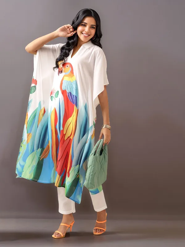 White_Animal_Printed_Cotton_Blend_Kaftan_Kurta_With_Solid_Cotton_Blend_Trouser_For_Women