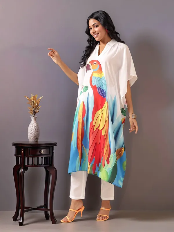 White_Animal_Printed_Cotton_Blend_Kaftan_Kurta_With_Solid_Cotton_Blend_Trouser_For_Women