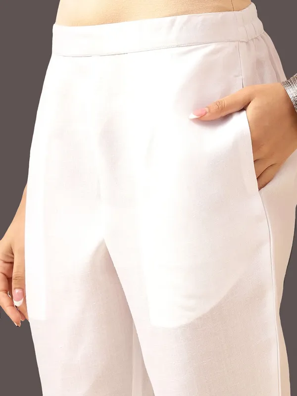 White_Animal_Printed_Cotton_Blend_Kaftan_Kurta_With_Solid_Cotton_Blend_Trouser_For_Women