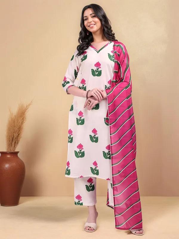 White_Floral_Printed_Cotton_Blend_Straight_Kurta_With_Printed_Cotton_Blend_Trouser_And_Printed_Dupatta_For_Women