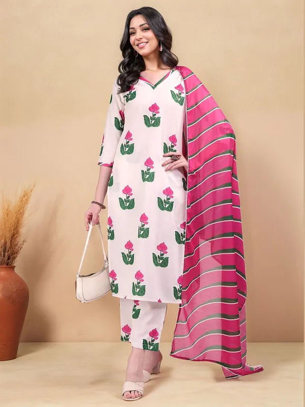 White_Floral_Printed_Cotton_Blend_Straight_Kurta_With_Printed_Cotton_Blend_Trouser_And_Printed_Dupatta_For_Women