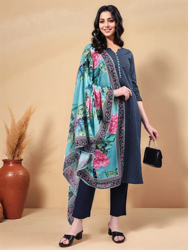 Blue_Woven_Design_Cotton_Blend_Straight_Kurta_With_Solid_Cotton_Blend_Trouser_And_Printed_Dupatta_For_Women