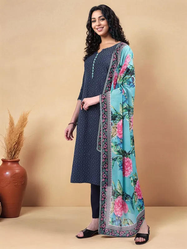 Blue_Woven_Design_Cotton_Blend_Straight_Kurta_With_Solid_Cotton_Blend_Trouser_And_Printed_Dupatta_For_Women