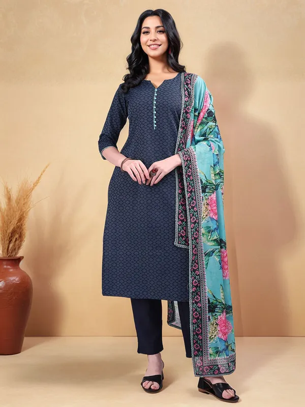 Blue_Woven_Design_Cotton_Blend_Straight_Kurta_With_Solid_Cotton_Blend_Trouser_And_Printed_Dupatta_For_Women