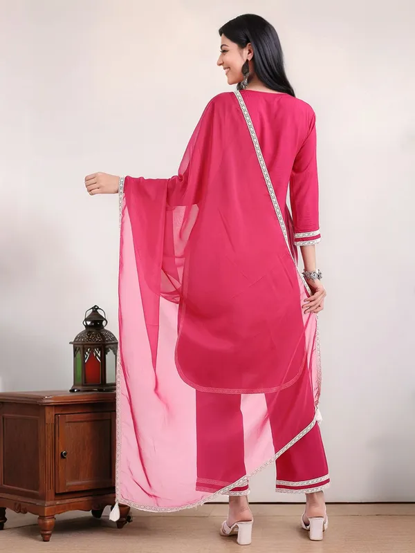 Magenta_Solid_Embroidered_Viscose_Rayon_Straight_Kurta_With_Solid_Viscose_Rayon_Trouser_And_Solid_Dupatta_For_Women