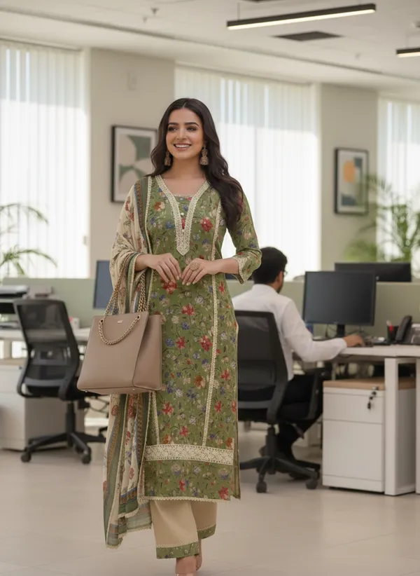 Women_Green_Cotton_Blend_Floral_Printed_V-Neck_Pakistani_Style_Kurta_Set_&_Digital_Printed_Dupatta