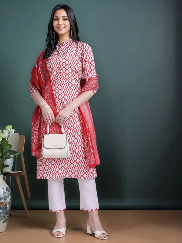 White_Geometrical_Printed_Pure_Cotton_Straight_Kurta_With_Solid_Cotton_Blend_Trouser_And_Printed_Dupatta_For_Women