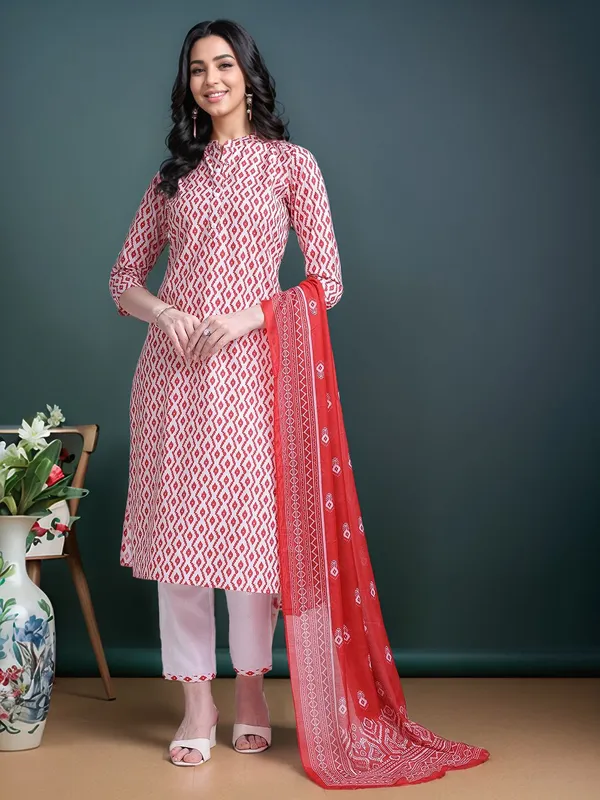 White_Geometrical_Printed_Pure_Cotton_Straight_Kurta_With_Solid_Cotton_Blend_Trouser_And_Printed_Dupatta_For_Women