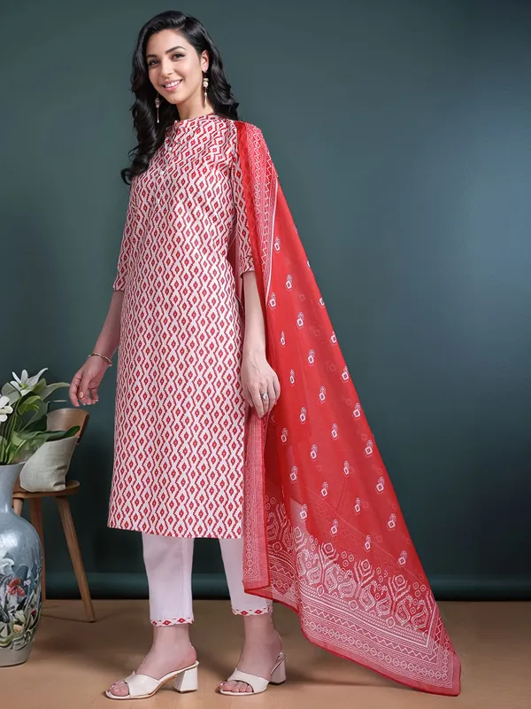 White_Geometrical_Printed_Pure_Cotton_Straight_Kurta_With_Solid_Cotton_Blend_Trouser_And_Printed_Dupatta_For_Women