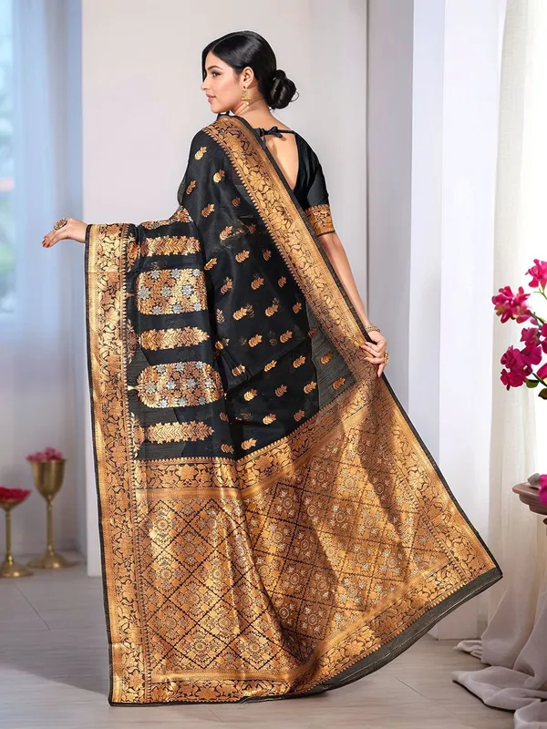 Black_Woven_Banarasi_Linen_Blend_Saree_For_Women