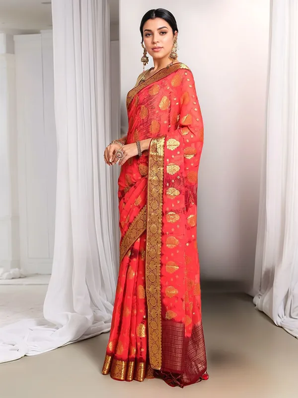 Red_Woven_Tie_&_Dye_Nylon_Silk_Saree_For_Women
