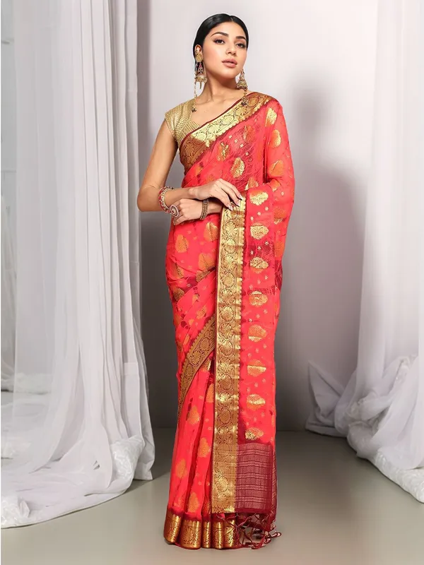 Red_Woven_Tie_&_Dye_Nylon_Silk_Saree_For_Women