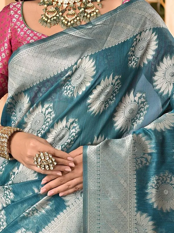 Blue_Woven_Banarasi_Linen_Blend_Saree_For_Women