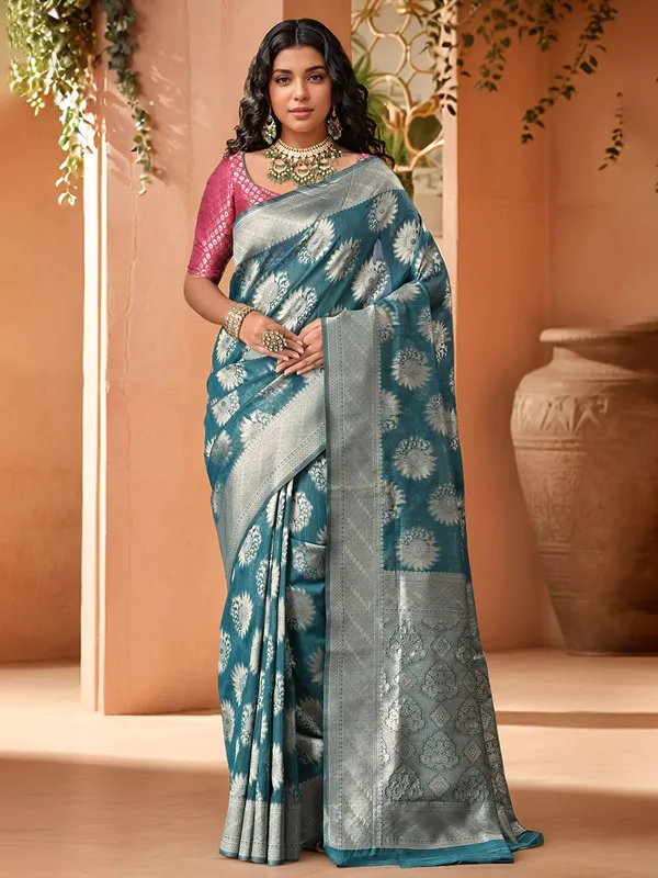 Blue_Woven_Banarasi_Linen_Blend_Saree_For_Women