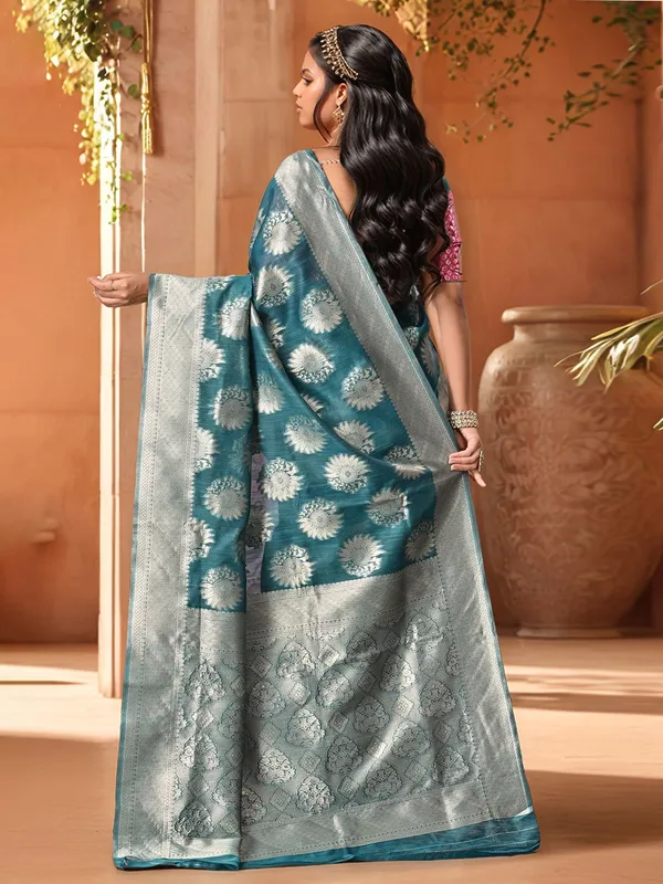 Blue_Woven_Banarasi_Linen_Blend_Saree_For_Women