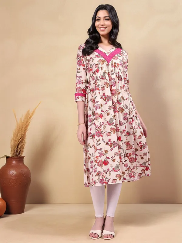 Cream_&_Pink_Floral_Printed_Pure_Cotton_Anarkali_Kurta_For_Women