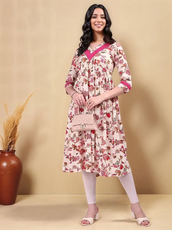 Cream_&_Pink_Floral_Printed_Pure_Cotton_Anarkali_Kurta_For_Women