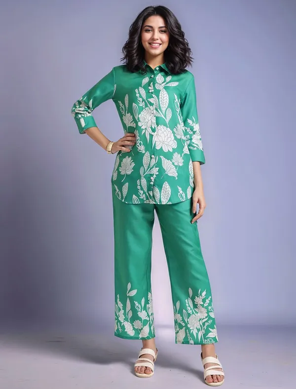 Green_Floral_Printed_Cotton_Blend_Shirt_With_Printed_Cotton_Blend_Trouser_For_Women
