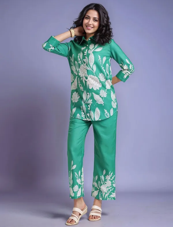 Green_Floral_Printed_Cotton_Blend_Shirt_With_Printed_Cotton_Blend_Trouser_For_Women