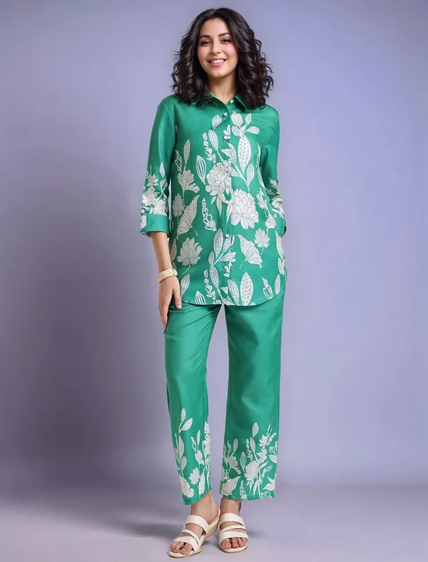 Green_Floral_Printed_Cotton_Blend_Shirt_With_Printed_Cotton_Blend_Trouser_For_Women