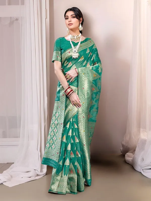 Green_Woven_Chanderi_Linen_Blend_Saree_For_Women