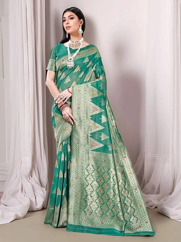 Green_Woven_Chanderi_Linen_Blend_Saree_For_Women