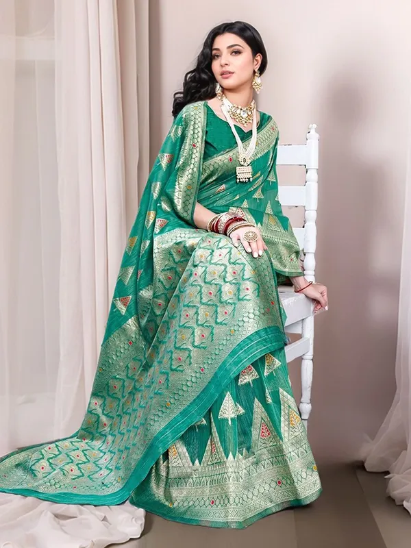 Green_Woven_Chanderi_Linen_Blend_Saree_For_Women