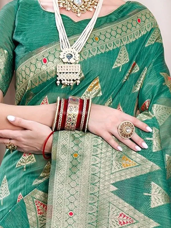 Green_Woven_Chanderi_Linen_Blend_Saree_For_Women